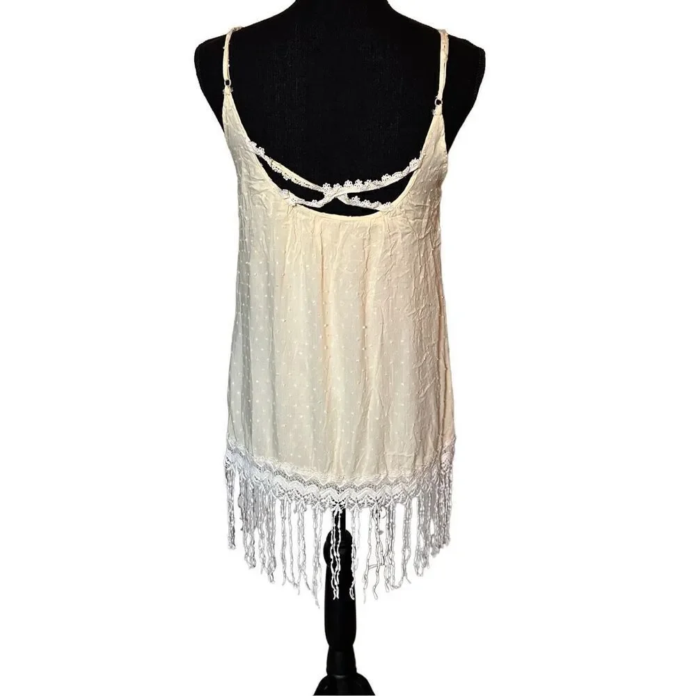 Dani Collection Spaghetti Strap Fringe Criss Cross Back Pale Yellow Dress Size S